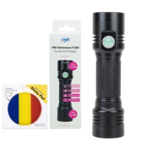 Komplet dvojne aluminijaste svetilke PNI Adventure F200 z LED diodo, baterijo 4000 mAh in lepljivo zastavico