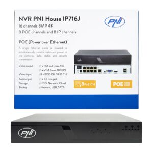 NVR POE PNI House IP716J, 16 kanalov 4K 8MP, 8 POE kanalov in 8 IP kanalov, črn
