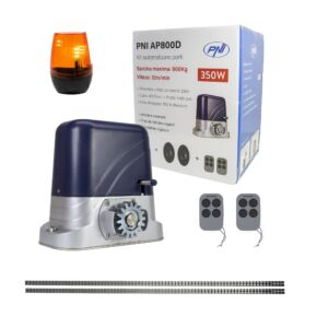 Komplet za avtomatizacijo vrat PNI AP800D vključuje 4 m motorno stojalo, fotocelice, daljinski upravljalnik, svetilko, 230 V razvije 1100 N in 8