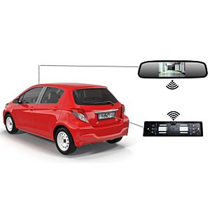 Brezžični parkirni sistem PNI Escort P25S z 4,3-palčnim zaslonom v vzvratnem ogledalu in kamero v nosilcu registrske tablice.