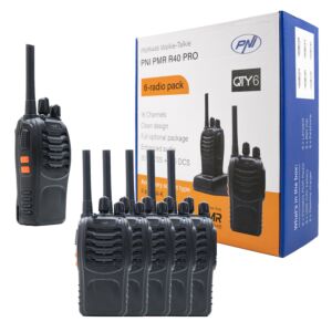 V kompletu je 6 prenosnih radijskih postaj PNI PMR R40 PRO baterije, polnilci in slušalke