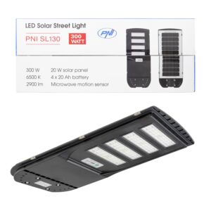 PNI SL130 20W svetilka za ulično razsvetljavo, z vgrajeno solarno ploščo 20W, 6500K, 2900lm, 4 x vgrajena baterija 20Ah, s