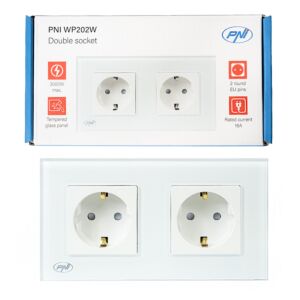PNI WP202W vgradna dvojna vtičnica, s steklenim okvirjem, 16A, 2X3000W, 230V, bela