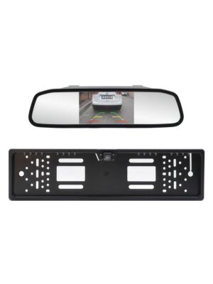 Brezžični parkirni sistem PNI Escort P25 z 4,3-palčnim zaslonom v vzvratnem ogledalu in kamero v nosilcu registrske tablice.