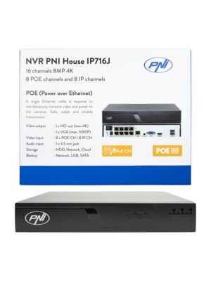 NVR POE PNI House IP716J, 16 kanalov 4K 8MP, 8 POE kanalov in 8 IP kanalov, črn