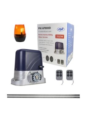 Komplet za avtomatizacijo vrat PNI AP800D vključuje 4 m motorno stojalo, fotocelice, daljinski upravljalnik, svetilko, 230 V razvije 1100 N in 8