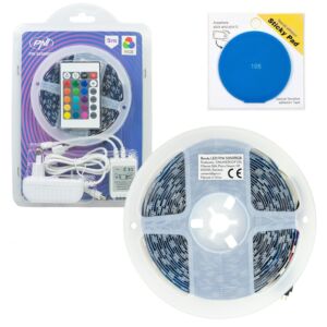 Paket LED trakov PNI 5050RGB s 300 LED diodami, RGB, zatemnljivimi, svetlobnimi učinki, 5 metrov, IP20 in modro lepilno podlogo.
