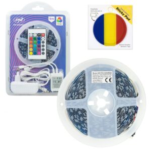 Paket LED trakov PNI 5050RGB s 300 LED diodami, RGB, zatemnljivimi, svetlobnimi učinki, 5 metrov, IP20 in samolepilno zastavico.
